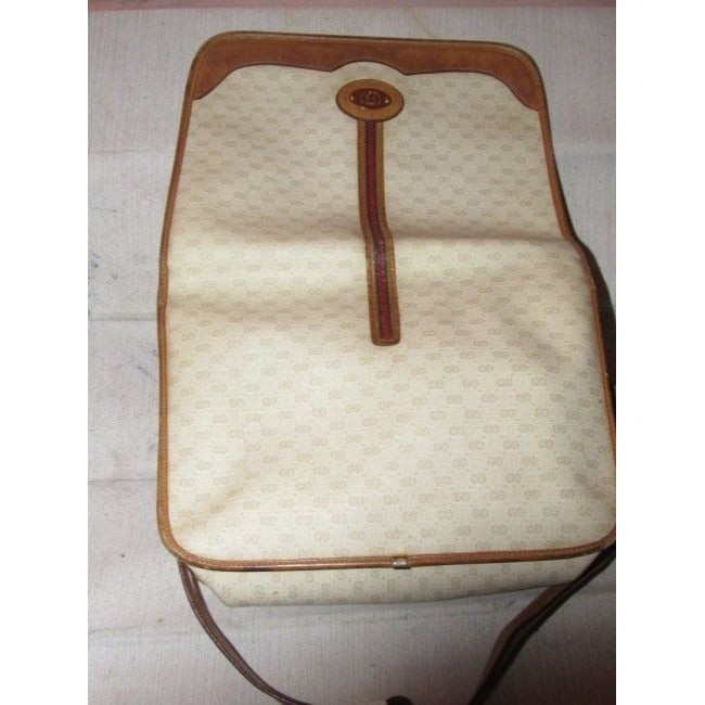 Gucci Vintage Beige With Camel Small G Logo And Red Green Stripe Leather Coated Canvas