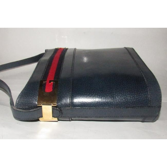 Gucci Blue Hard Boxy Leather Bucket Bag w red/blue stripe