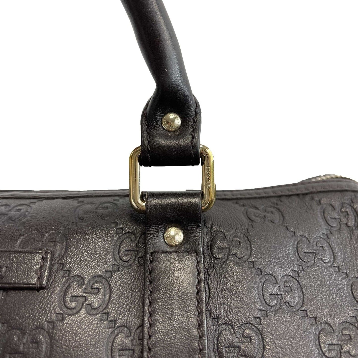 GUCCI - Embossed Leather Monogram Speedy Medium Brown Top Handle Bag