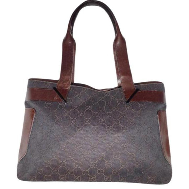 Gucci Black Denim With Brown Large G Logo Print And Brown Leather Tote