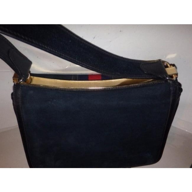 Gucci Vintage Pursesdesigner Purses Blue Suedeleather Trim With Wide Redblue Stripe Suedeleather Sho