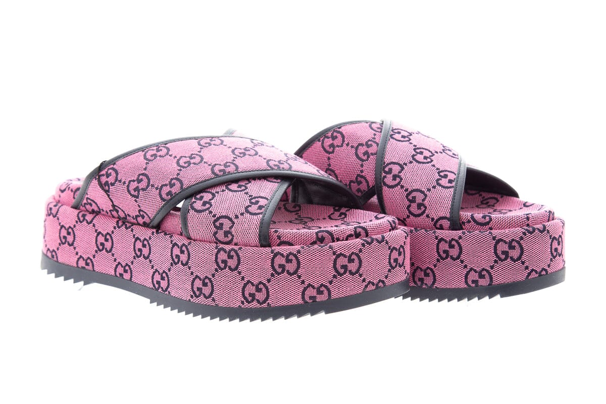 Gucci Pink Canvas GG Cross Strap Sandals SZ 37