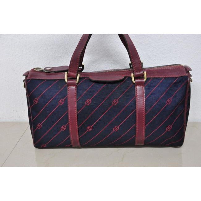 Gucci Navy Canvas w Red Diagonal Logo Print & Burgundy Leather Boston Bag