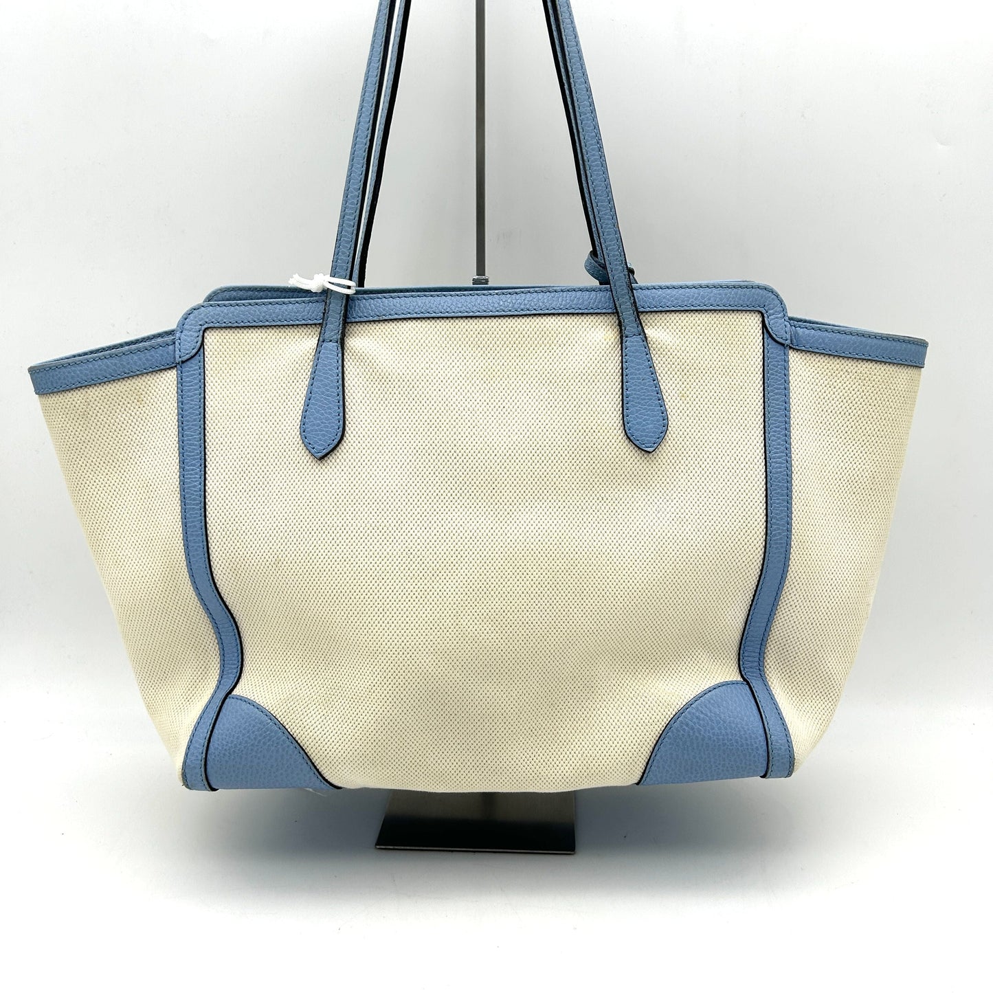 GUCCI Linen Canvas Calfskin Swing Top Handle Bag Mineral Blue LA15121