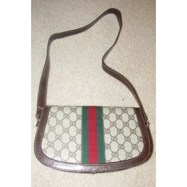 Gucci Horsebit Vintage Line Purses Brown Large G Logo Print Canvas And Brown Leather With A Red And