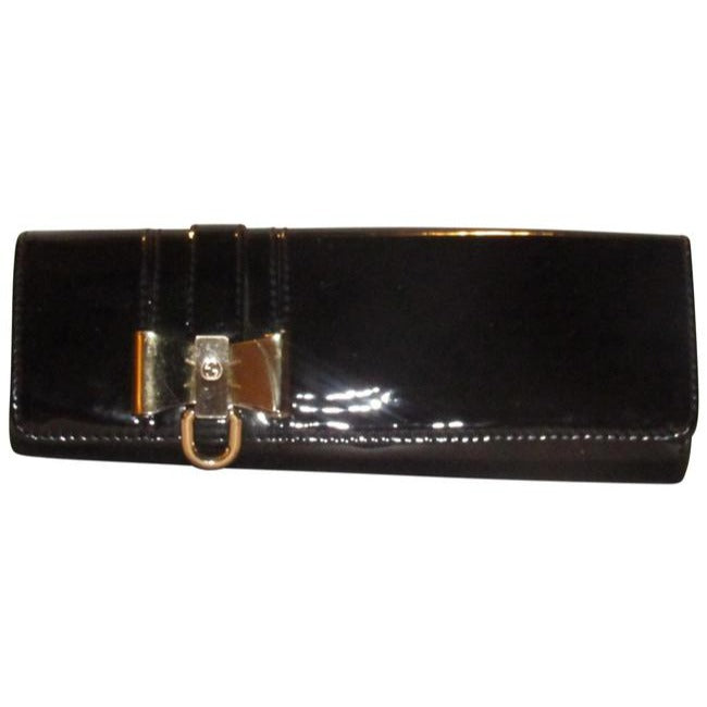 Gucci W Accent Black Patent Leathergold Bow Clutch