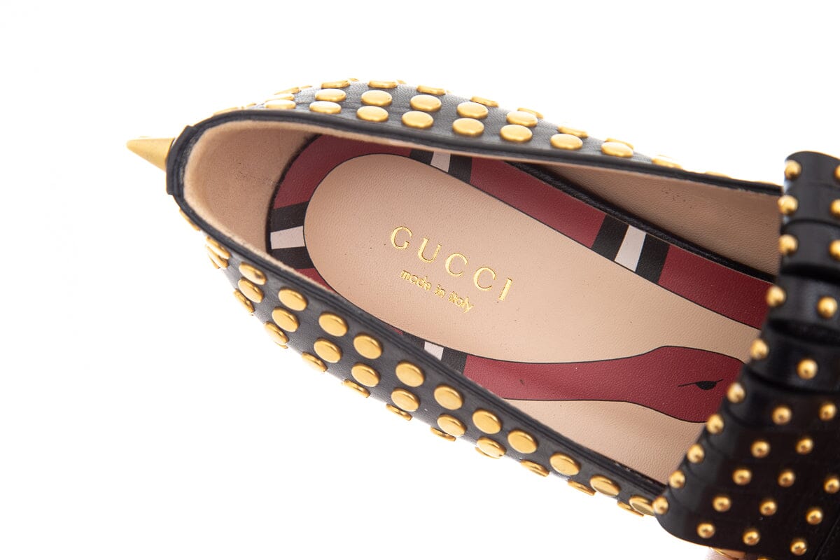 Gucci Black and Gold Studded Polly Leather Heeled Loafer SZ 38