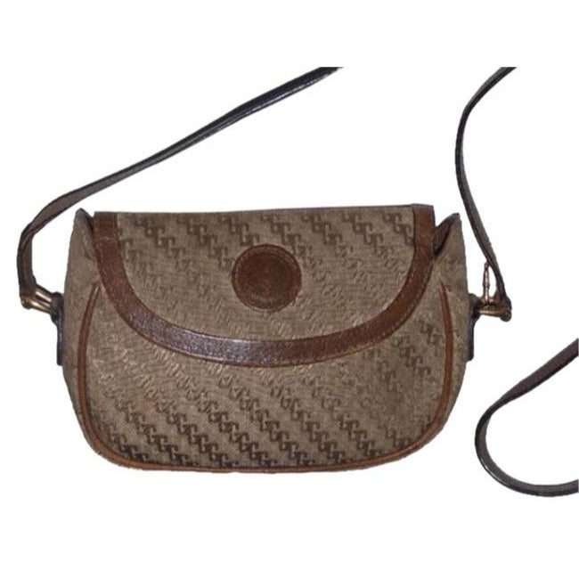 Gucci Vintage Dark Khaki Square G Logo Print Canvas And Camel Leather