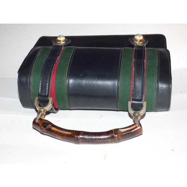 Gucci Buckle Top Bag W And Redgreen Stripes Blackredgreenbamboo Handle Leather Satchel