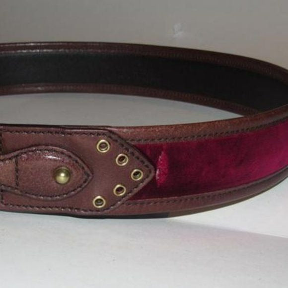 Gucci Brown Leather & Burgundy Velvet Belt w Brass Equestrian Buckle