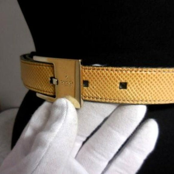 Gucci tan lizard leather belt w engraved chrome buckle