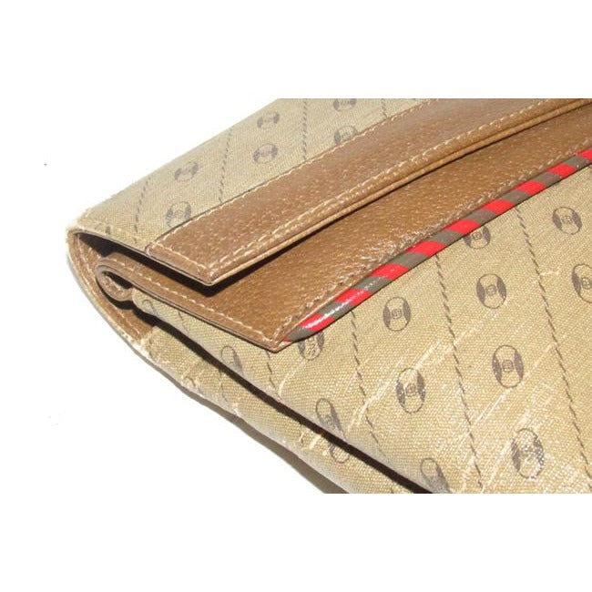 Gucci Brown Diagonal Link Print Clutch w Double Flap Top & Red & Green Trim
