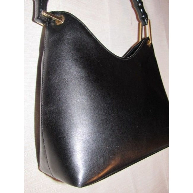 Gucci Shopper Tote With V Shaped Top Bamboo Handle Black Leather Hobo Bag