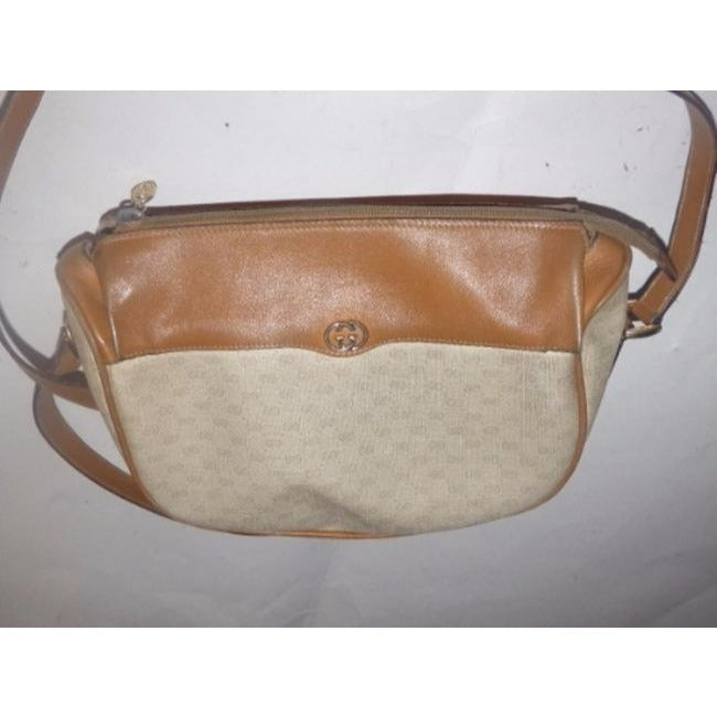 Gucci Vintage Camel Small G Logo Print On Ivory Coated Canvas And Camel Leather