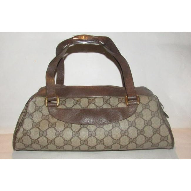 Gucci Vintage Purses Brown Large G Logo Print Coated Canvas And Brown Leather Satchel