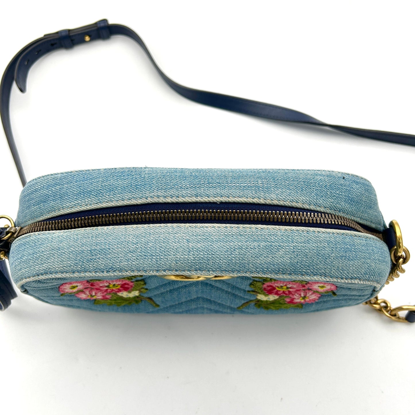 Gucci Floral GG Marmont Denim Camera Bag - Blue Crossbody Bags, Handbags LA30346