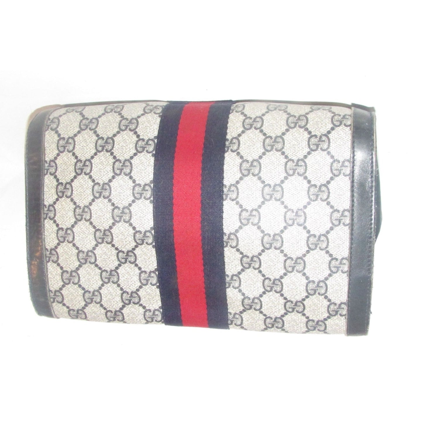 Gucci, navy Guccissima print coated canvas & leather, clutch or cosmetic bag with a red & blue Sherry striped center and envelope top