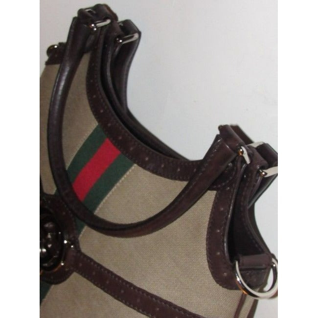 Gucci Britt Canvas And Two Strap Top Handle Equestrian Accents Brown Leather Hobo Bag