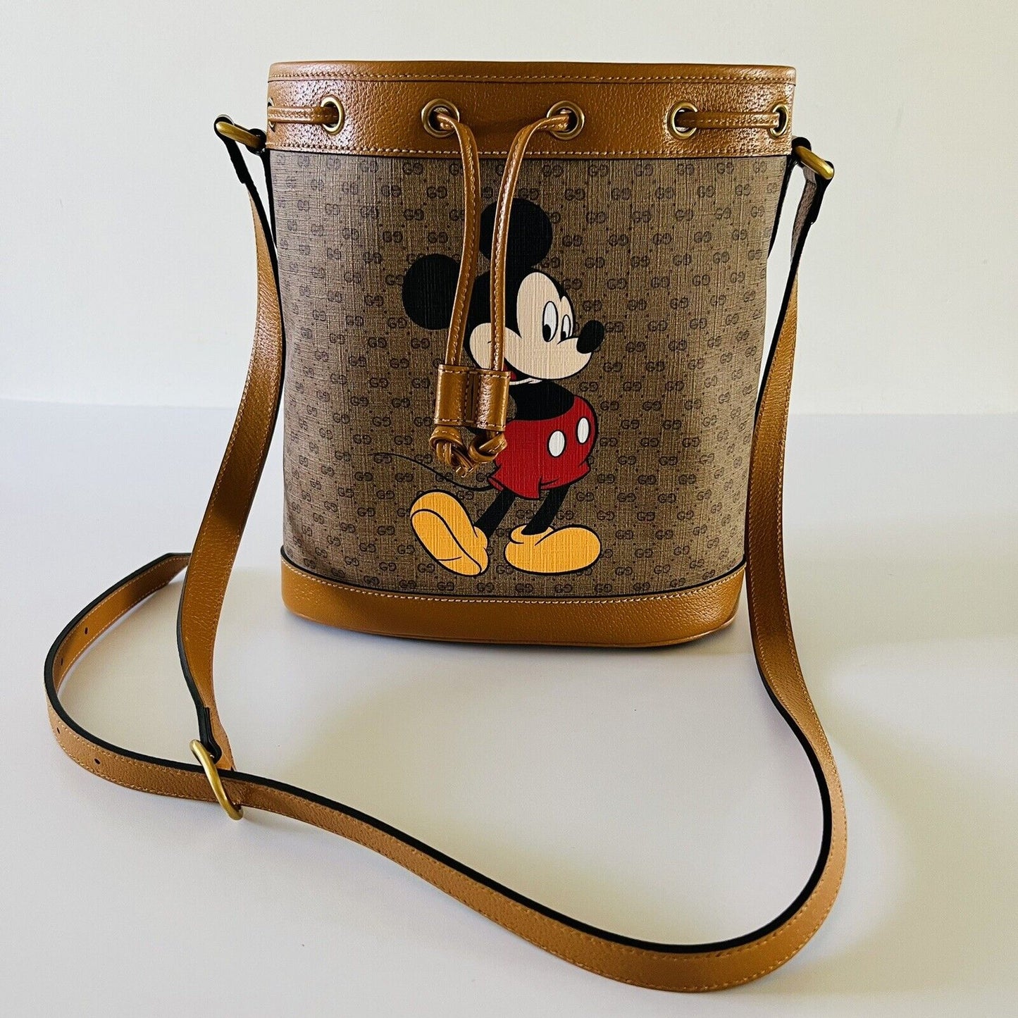 Gucci x Disney Mickey Mouse Print Canvas Leather Bucket Shoulder Bag