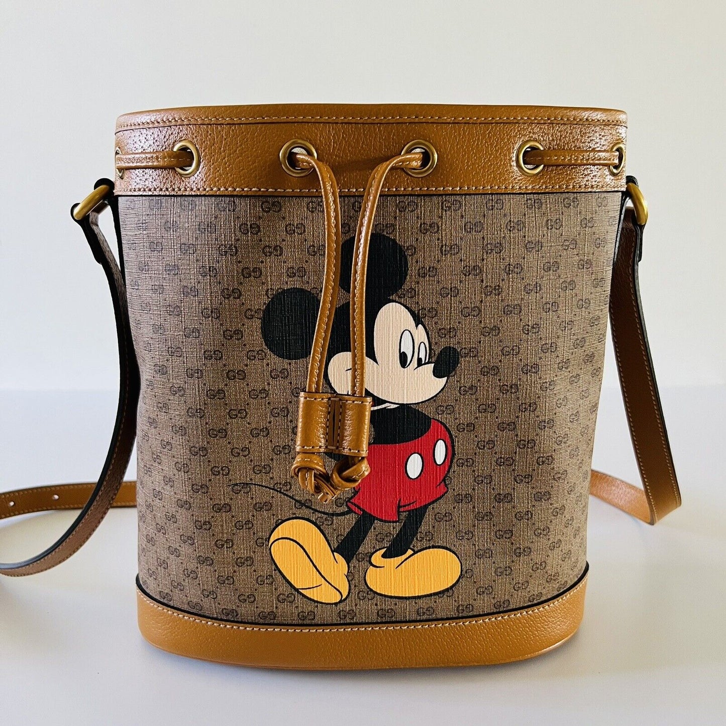 Gucci x Disney Mickey Mouse Print Canvas Leather Bucket Shoulder Bag