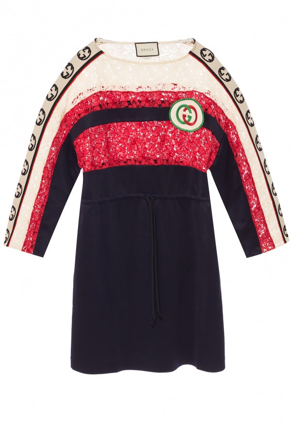 Gucci GG Floral Lace Logo Stripe Dress in Blue