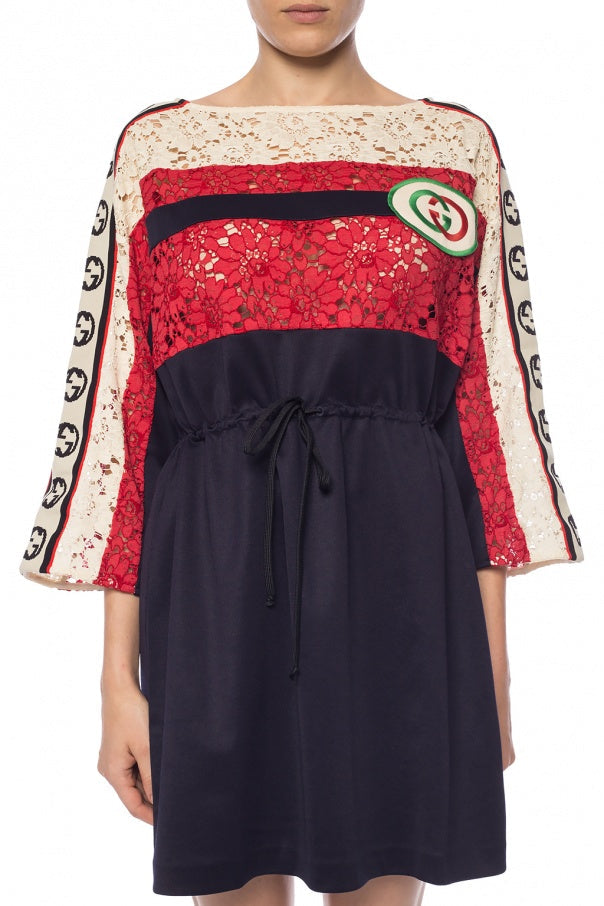 Gucci GG Floral Lace Logo Stripe Dress in Blue
