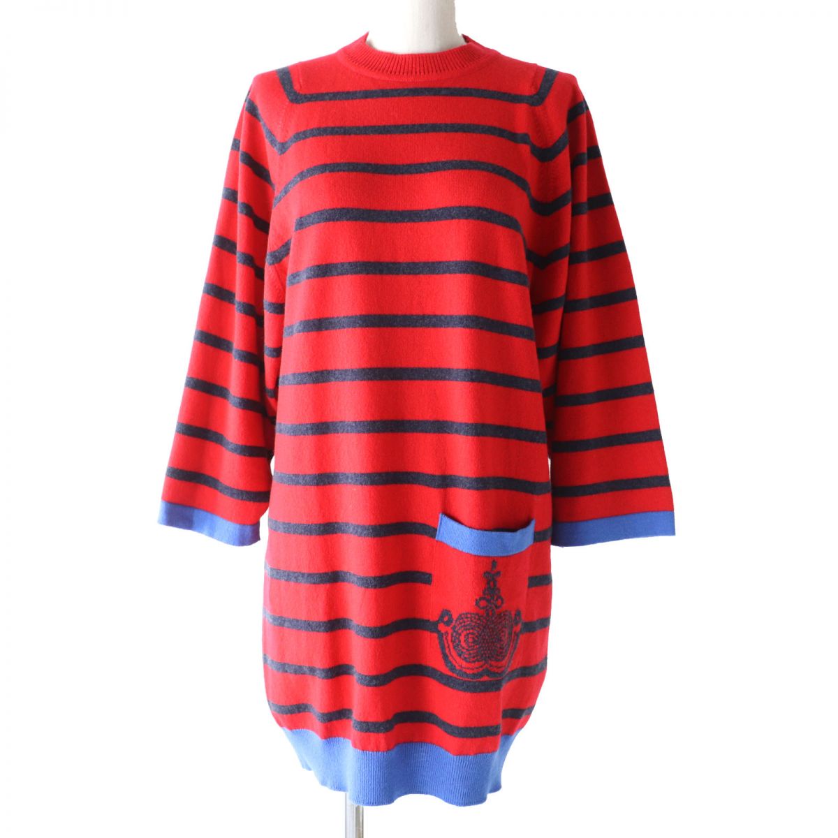 HERMES knit Main: 100% cashmere Red x navy x blue Women 34 Used
