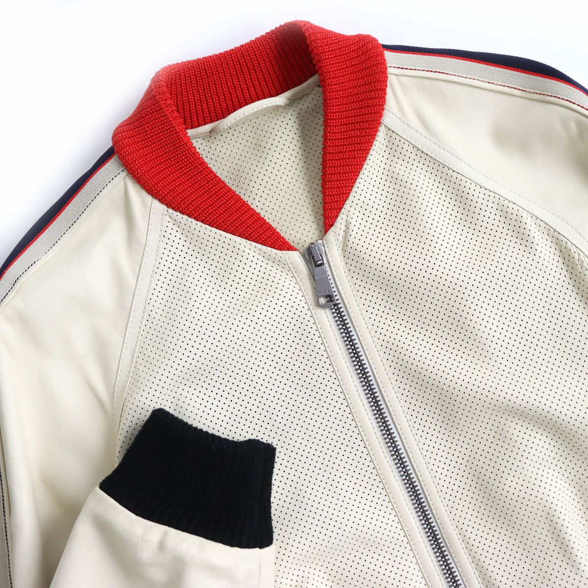 GUCCI Bomber jacket Main: Lamb leather, Main: 97% cotton, Main: 2% nylon, Main: 1% polyurethane, Part: 100% nylon Ivory mens 44 Used