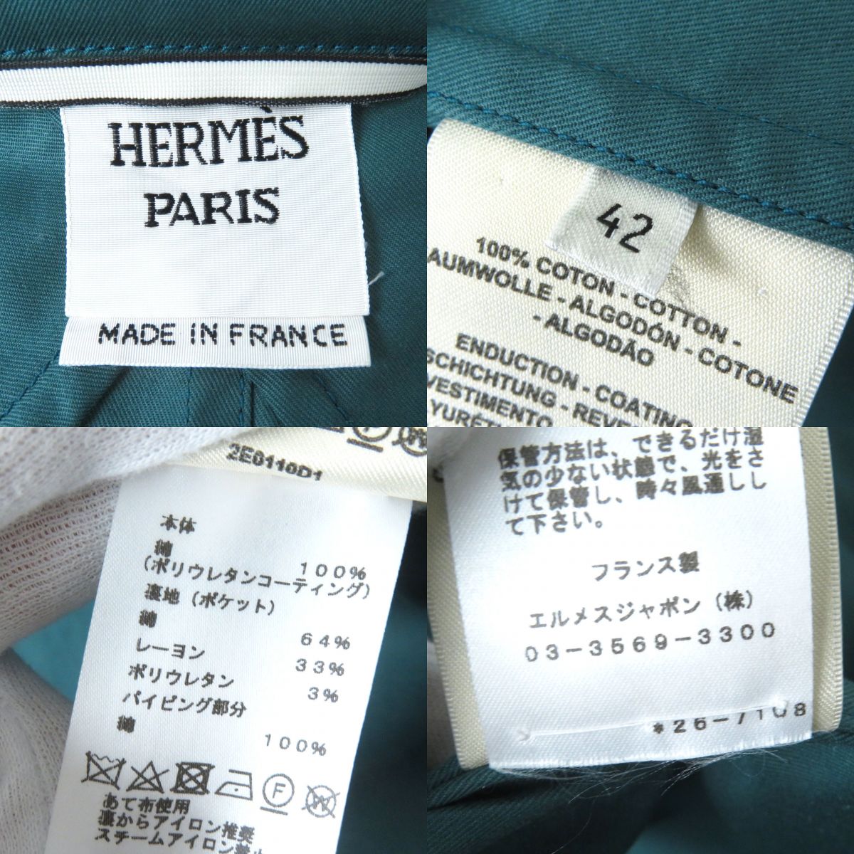 HERMES trench coat Main: 100% cotton, Lining: 64% cotton, Lining: 33% rayon, Lining: 3% polyurethane, Part: 100% cotton Green type Women 42 Used