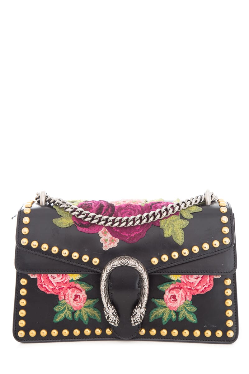 Gucci Dionysus Embroidered Floral Black Leather "Blind For Love" HandBag