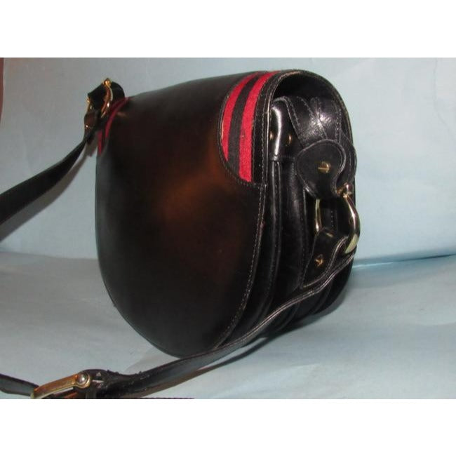 Gucci One Of A Kindearly Supple Black Leather With Navy And Red Stripe Accents Canvas Shoulder Bag