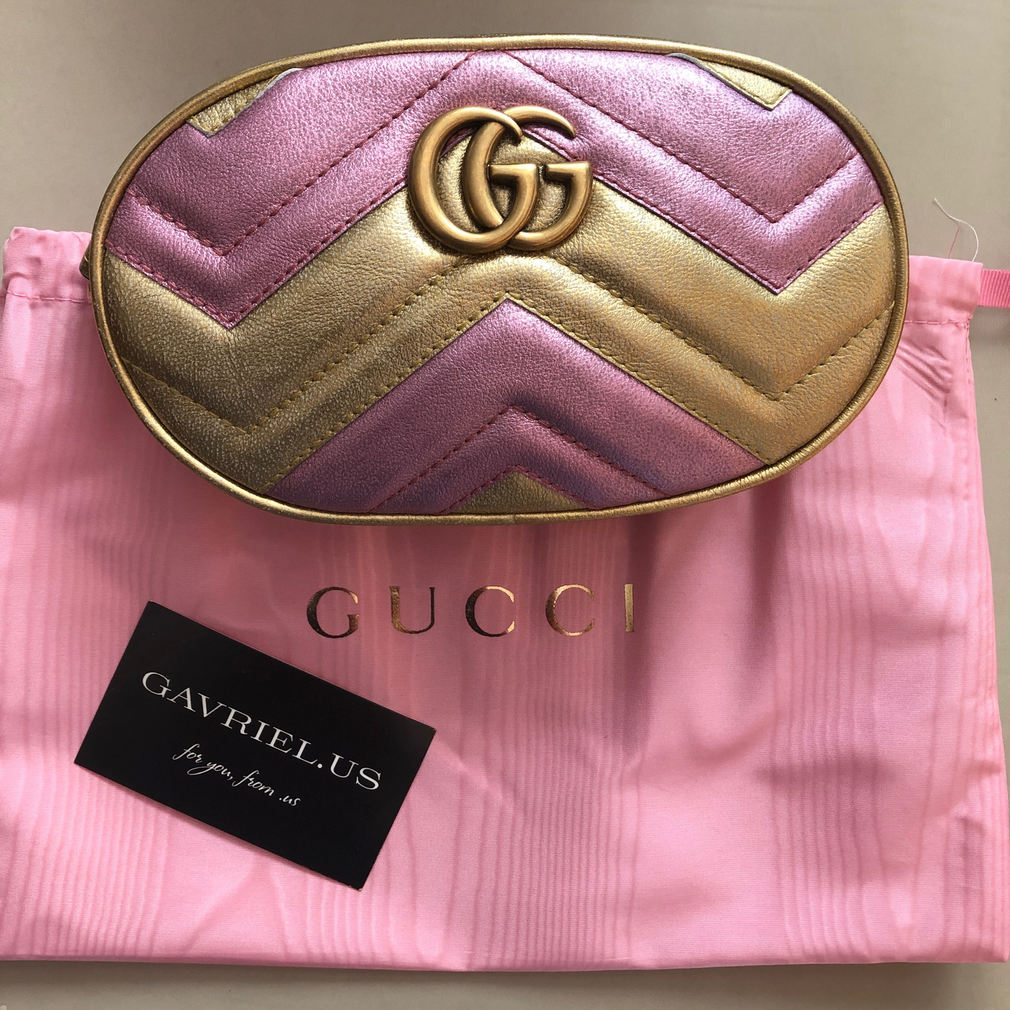 Gucci GG Metallic Matelasse Marmont Belt Bag in Pink and Yellow