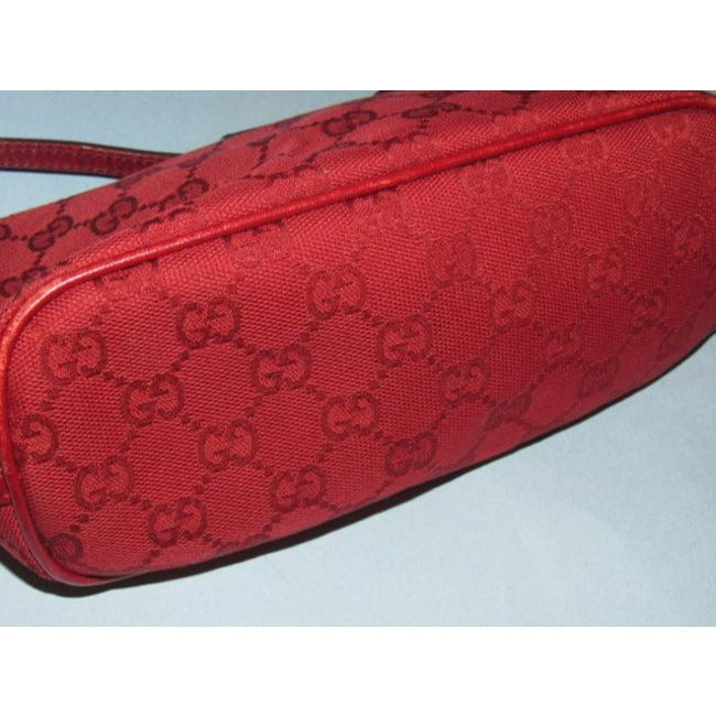Gucci Pouchette Red Large G Logo Print Canvas And Leather Hobo Bag