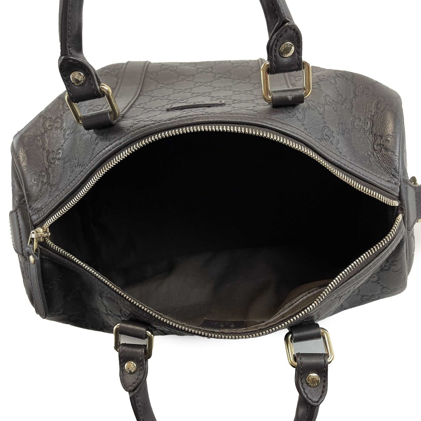 GUCCI - Embossed Leather Monogram Speedy Medium Brown Top Handle Bag