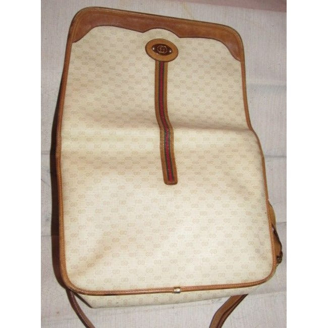 Gucci Vintage Beige With Camel Small G Logo And Red Green Stripe Leather Coated Canvas