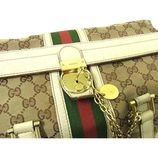 Gucci Vintage Pursesdesigner Purses Brown Large G Print Canvas And White Leather With Red And Green