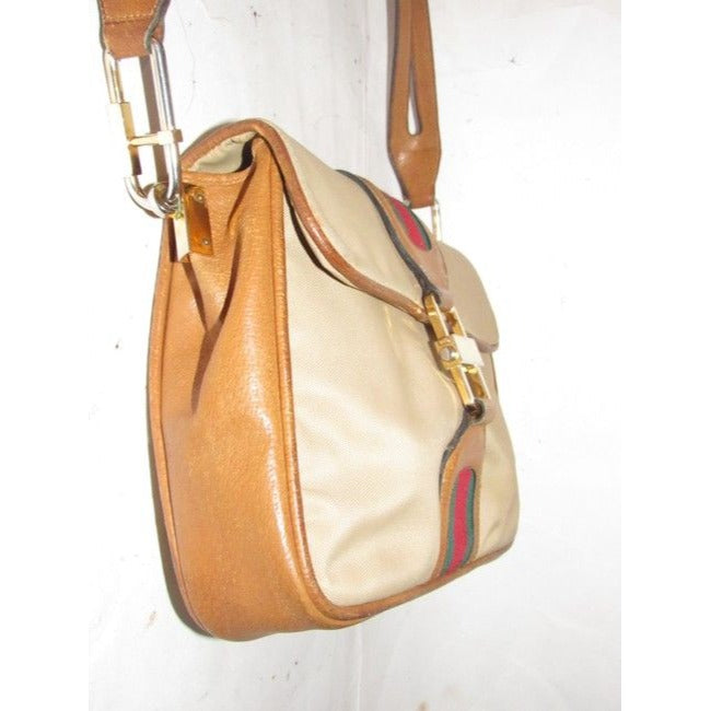Gucci Tan & Brown Leather Jackie Satchel w Red & Green Sherry Stripe