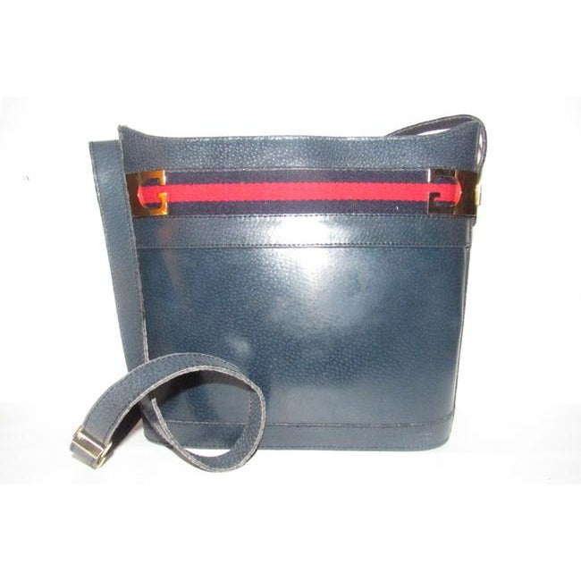 Gucci Blue Hard Boxy Leather Bucket Bag w red/blue stripe
