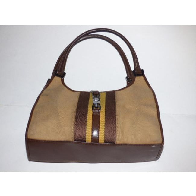 Gucci Tan Canvas and Brown Leather Jackie Bardot Style Hobo Shoulder Bag W Yellow & Brown Sherry Stripe & Chrome Hardware