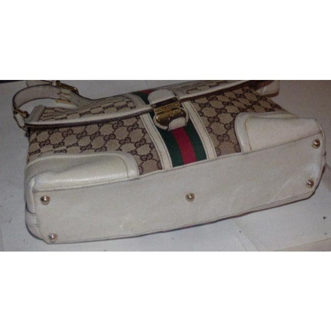 Gucci Vintage Pursesdesigner Purses White And Brown With Red And Green Leather Canvas Satchel