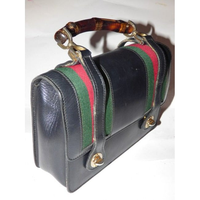 Gucci Buckle Top Bag W And Redgreen Stripes Blackredgreenbamboo Handle Leather Satchel