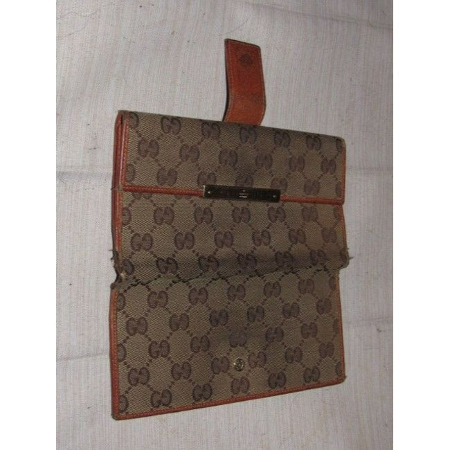 Gucci Brown Large G Logo Print Canvas And Orange Brown Leather Vintage Wallet