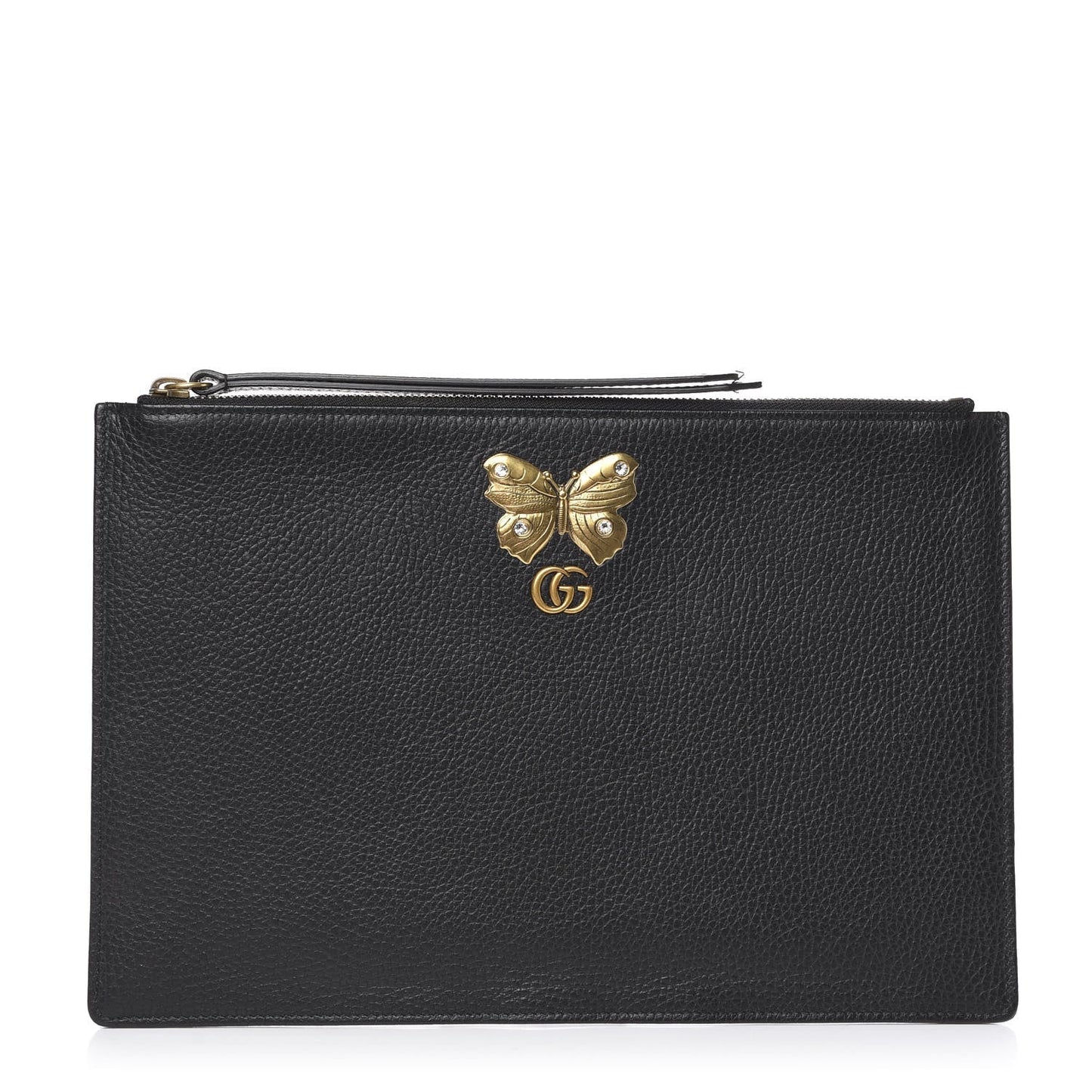 Gucci Pebbled Calfskin Butterfly Zip Clutch in Black