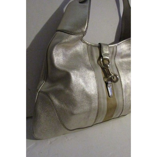 Gucci New Jackie Triangular Shaped Metallic Leather Hobo Bag W Wide Sherry Stripe