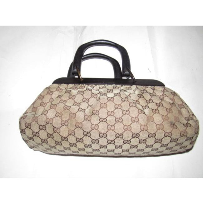Gucci W Guccissima Canvasleather Top Handle Frame Brown G Logo Printwood Leathercanvaswood Satchel