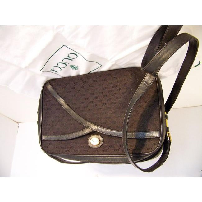 Gucci Vintage Black Canvas With Small G Logo Print And Black Leather