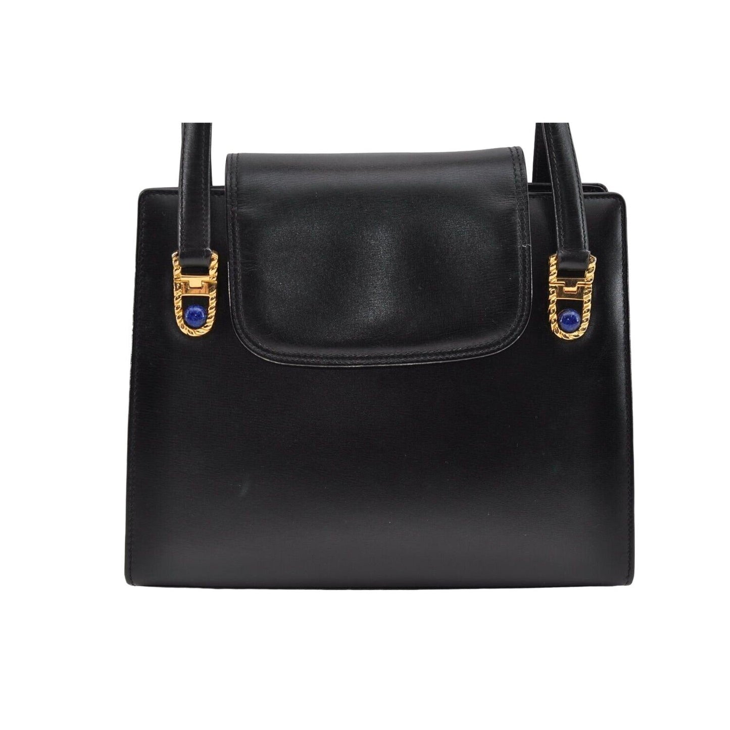 Gucci black leather top handle Kelly bag with blue lapis