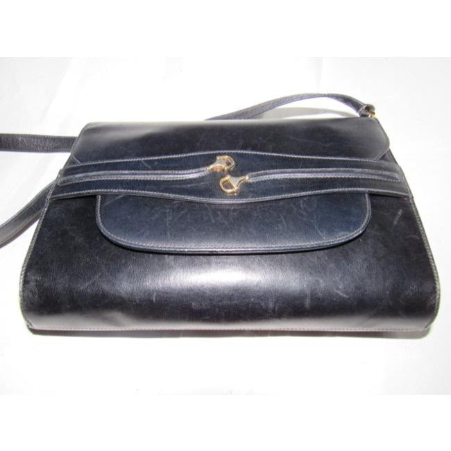 Gucci Two Way Glossy Blackhorsebit Accents Leather Shoulder Bag