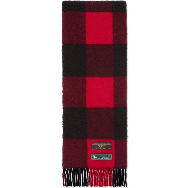 Gucci Fringed Padded Checked Wool Scarf in Red