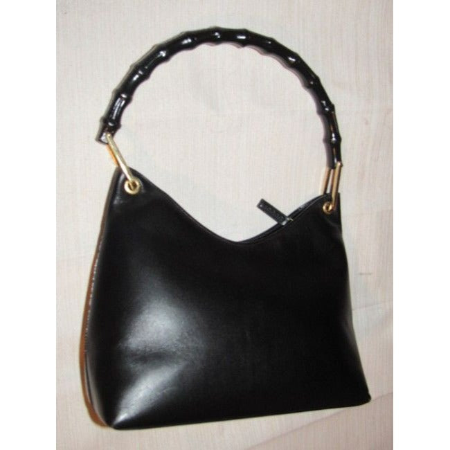 Gucci Shopper Tote With V Shaped Top Bamboo Handle Black Leather Hobo Bag